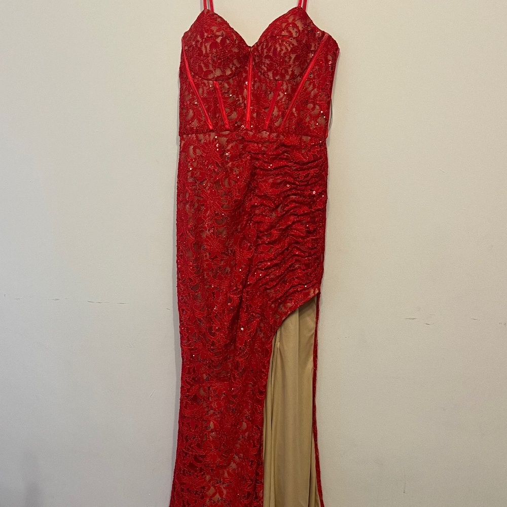 allover lace corset sheath with side slit
